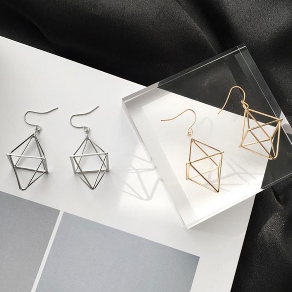 *CHIARINA* Silver Hollow Diamond Dangle Earrings - Picture 2 of 4